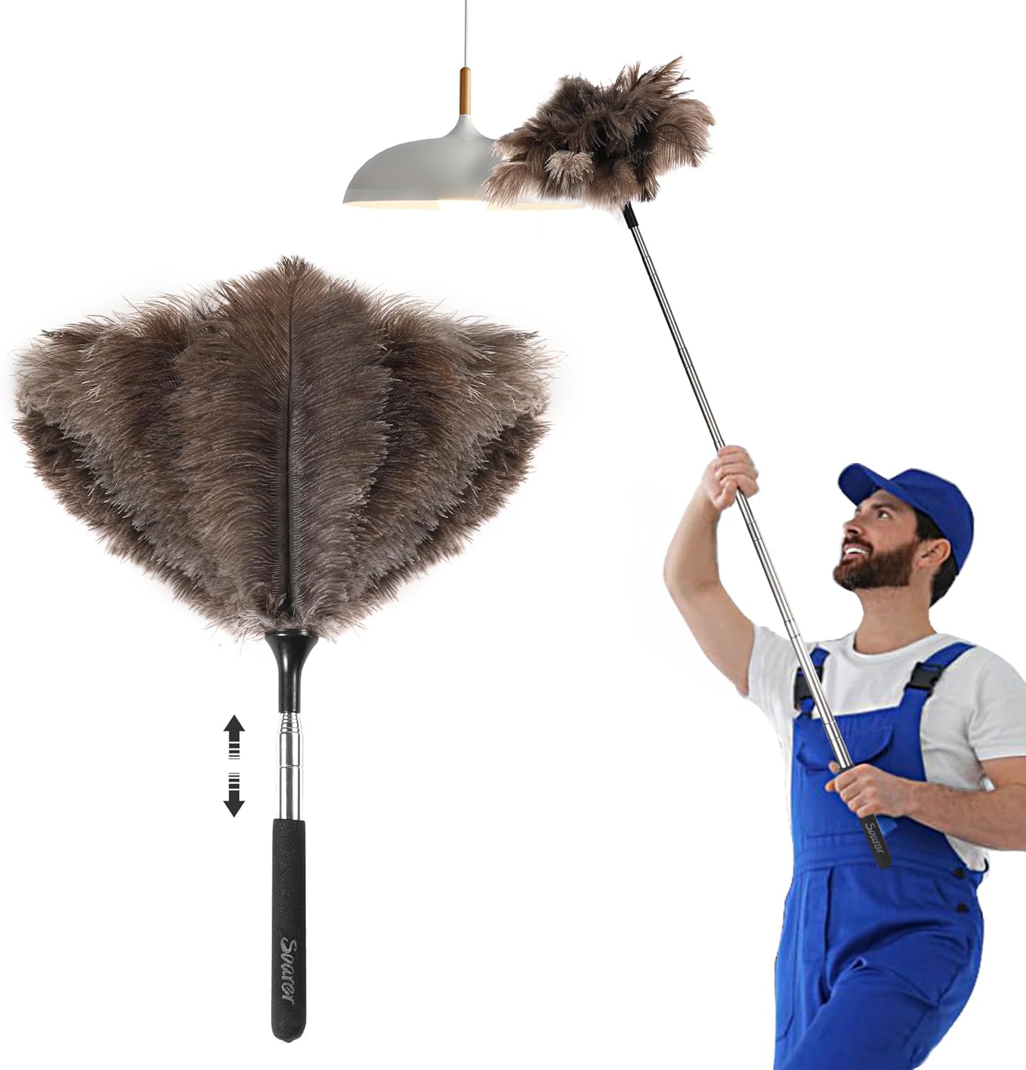 Soarer Extendable Ostrich Feather Duster - 40 inches Fluffy Long Handle Reusable Feather Duster for Cleaning Ceiling Fan,Pendant lamp, High Ceiling, Blinds, Furniture