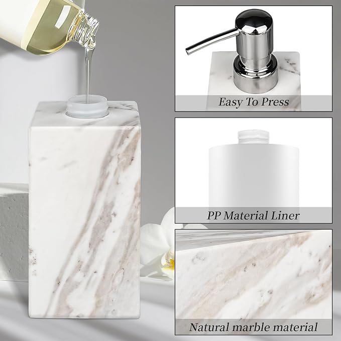 White Marble Soap Dispenser for Bathroom and Kitchen Countertop - Image 4