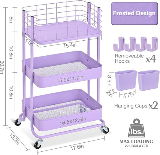 KINGRACK 3 Tier Rolling Cart, Metal Mobile Storage Shelf - Image 2