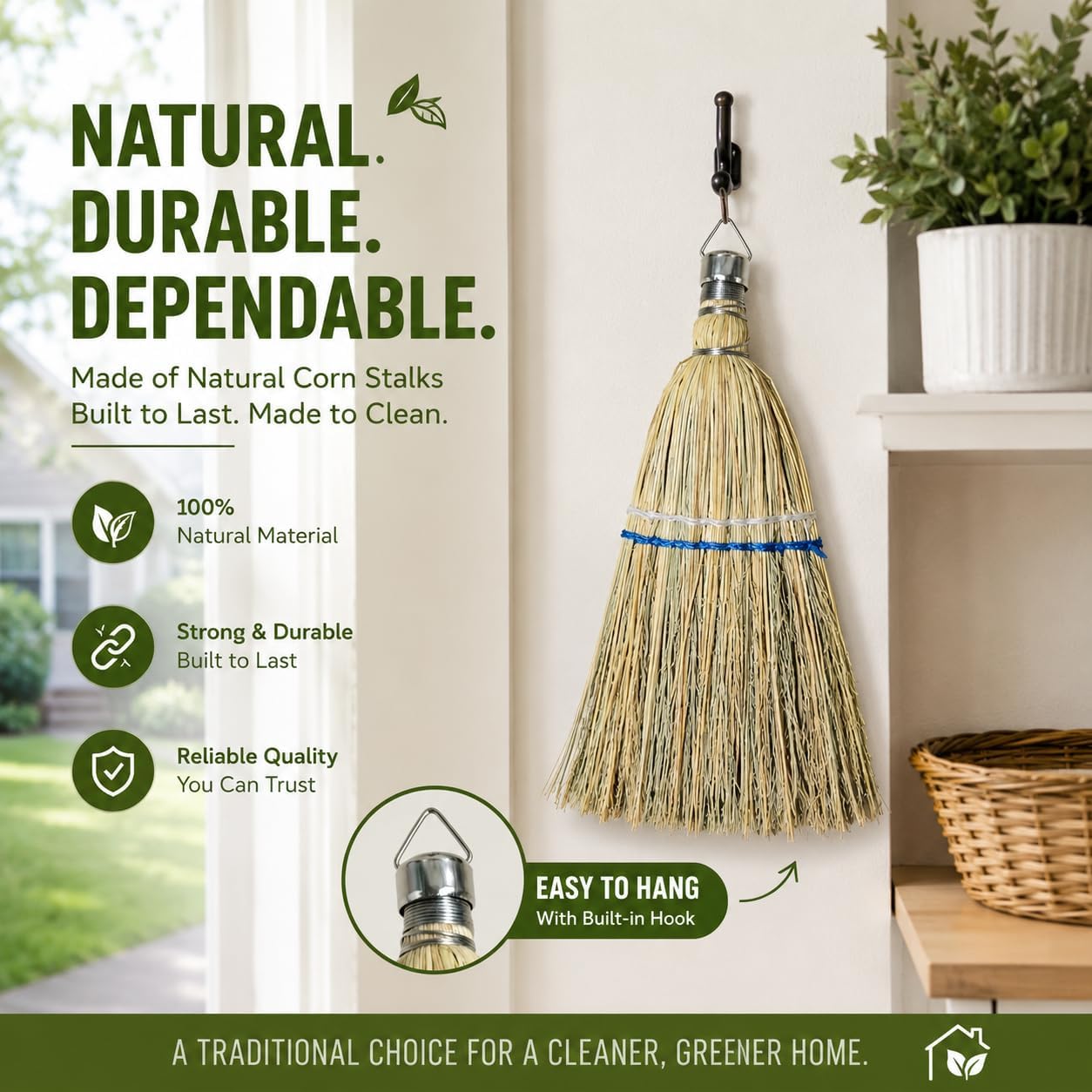 12 Inch Hand Whisk Broom Hand held Broom Corn Straw Mini Broom Outdoor Car Broom with Hang Hole for Cleaning Indoor Porches Floors Decks Driveways Dirt Dust 1Pack