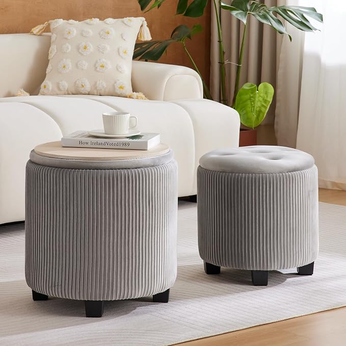 Big Round Ottoman with Storage Set of 2, Upholstered Velvet Vanity Stool - Image 2