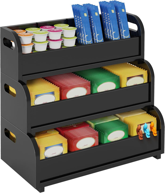 3-Tier Bamboo Tea Bag Organizer, Stackable Tea Holder for Countertop, Black