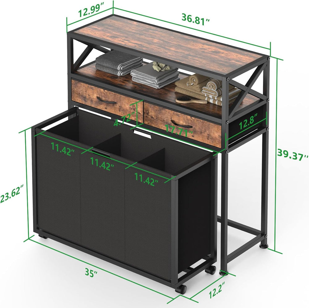 150L Laundry Sorter Hamper 3 Section with 2 Shelves & 2 Drawers
