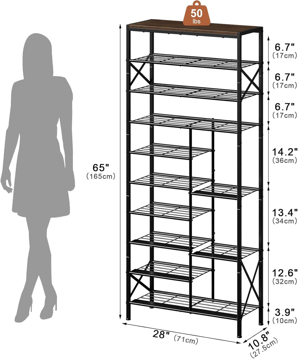 10-Tier Shoe Rack, Boot Storage for Closet, Rustic Brown