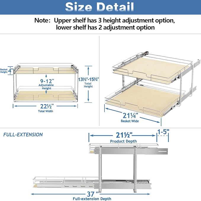 ROOMTEC 2 Tier Individual Pull Out Cabinet Organizer 22½"W x 21½"D, Slide Out - Image 3