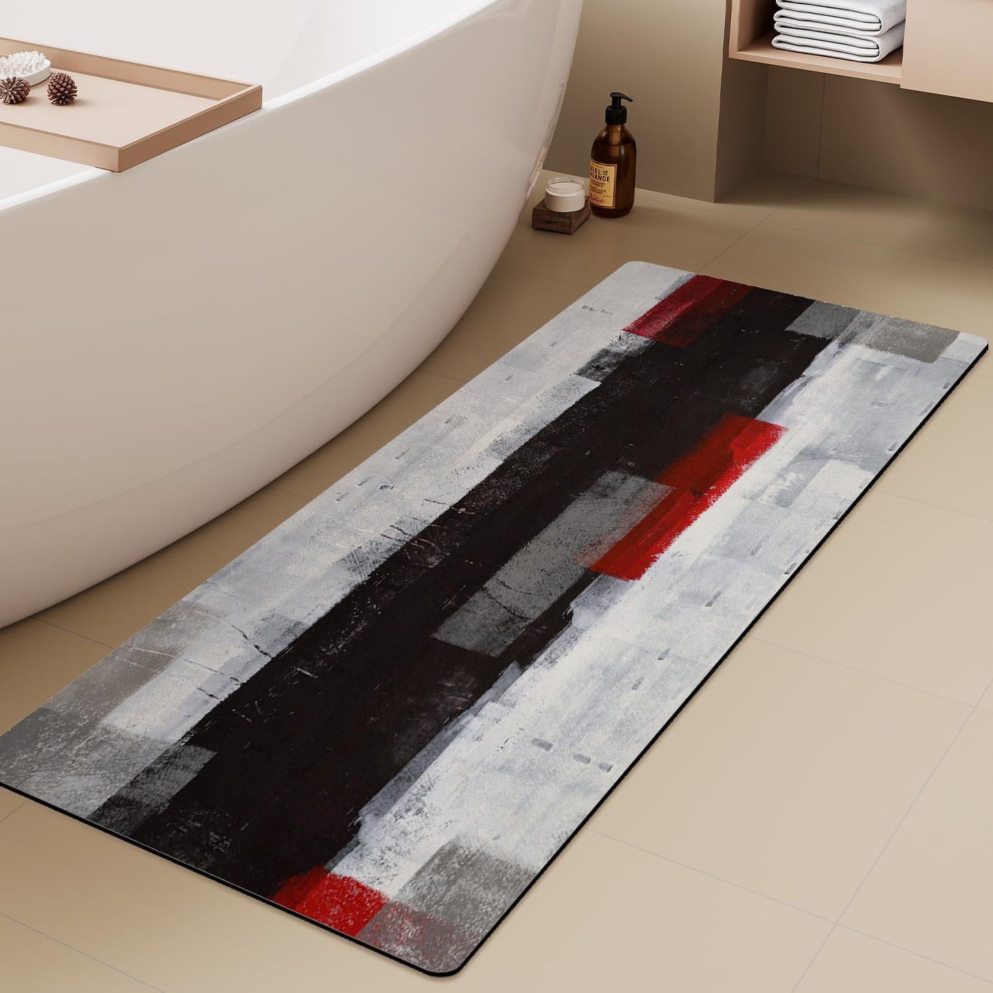 Extra Long Bath Runner Rug, Black and Grey Red Abstract Art, Non Slip with Rubber Backing, Thin Absorbent Quick Dry, Bath Mats for Bathtub Bathroom, 15.7x47.2 Inch