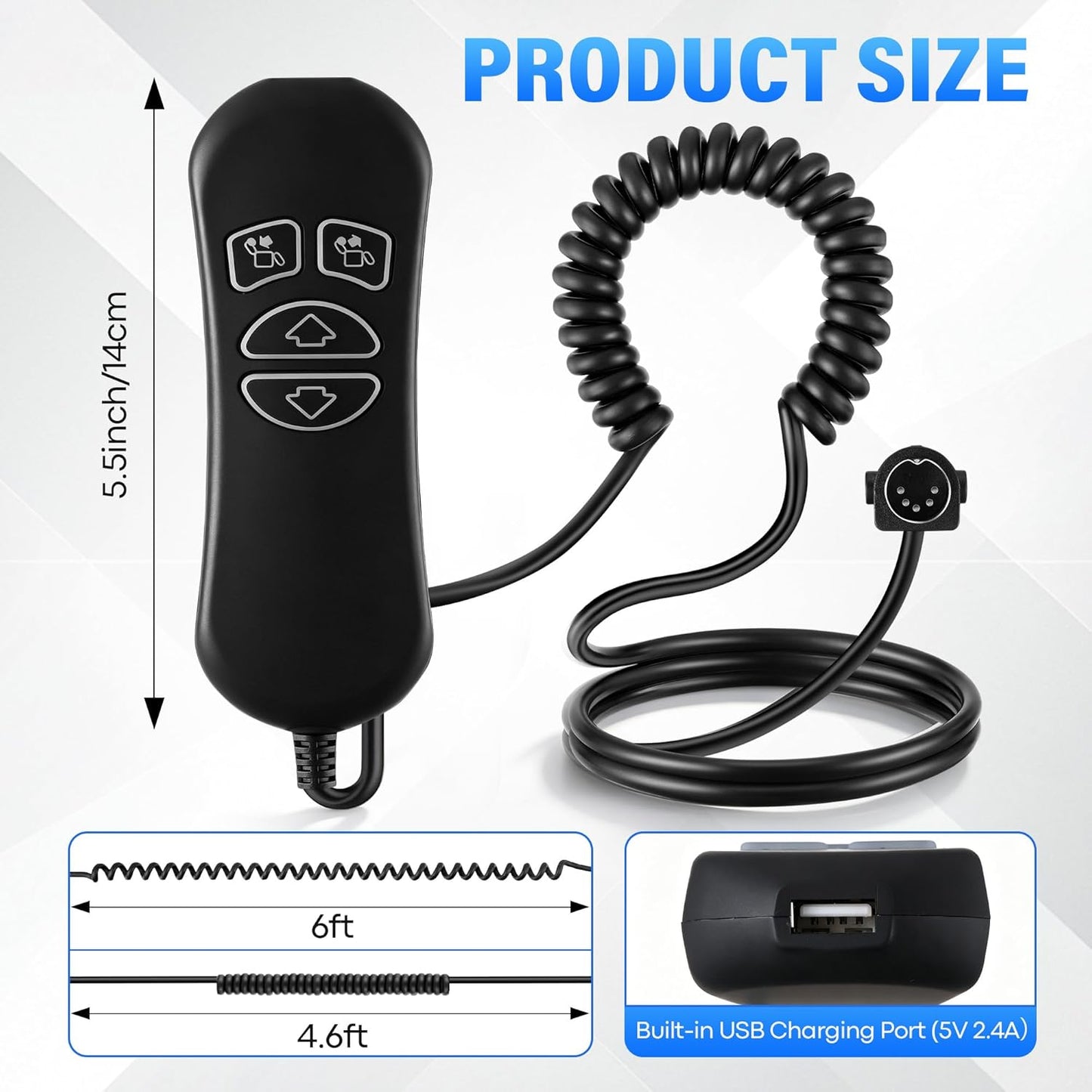 Lift Chair Remote Replacement, 4 Button 5 Pin Prong Power Motor Remote for Lift Chair & Recliner Replacement Parts, with LED Backlight, USB Charging Port, Recliner Hand Control