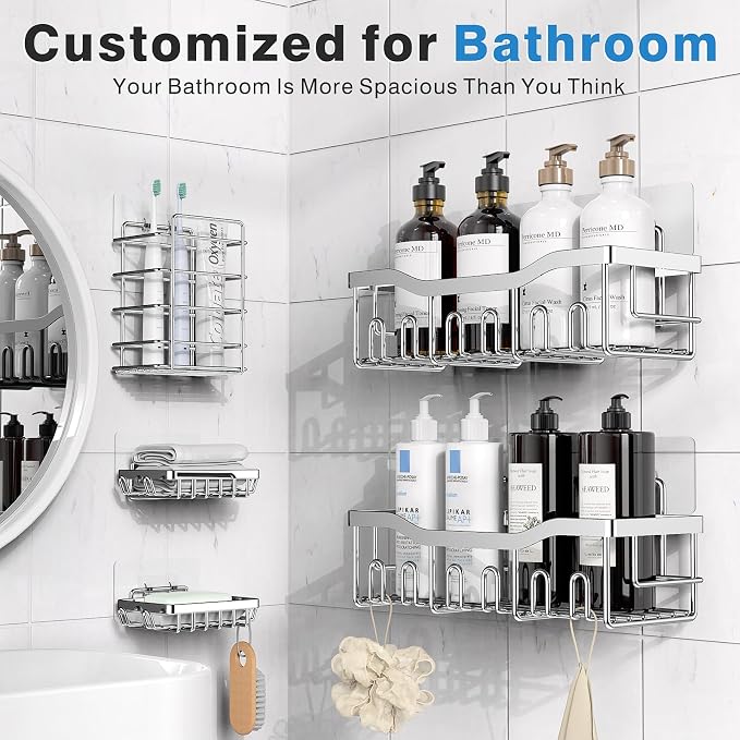 EUDELE 5-Pack Rustproof Stainless Steel Shower Caddy – No Drill Adhesive - Image 2