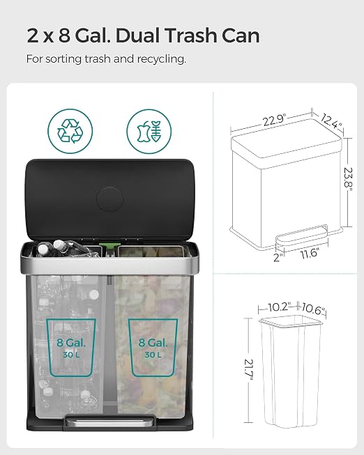 SONGMICS Kitchen Trash Can, 16 Gallon Dual Compartment Garbage Can, 60L Pedal - Image 6