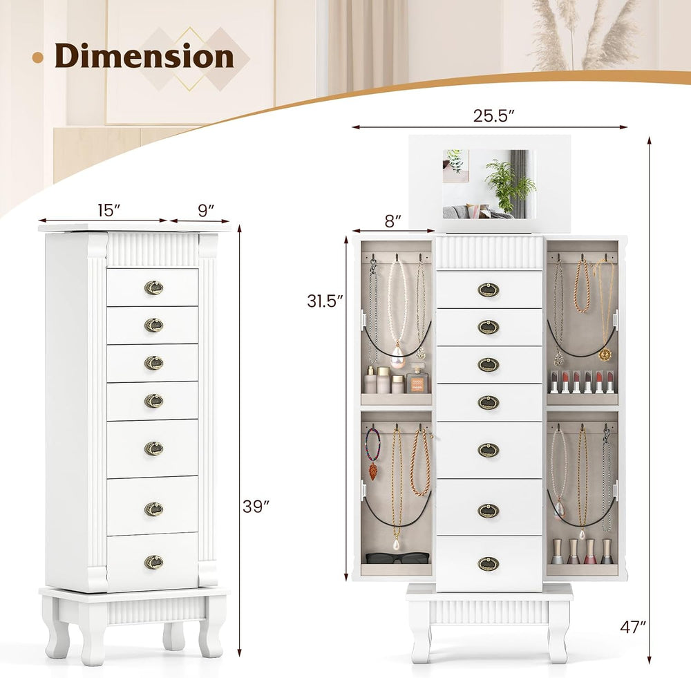 COSTWAY Standing Jewelry Armoire, Wooden Jewelry Storage Chest with 7 Drawers...