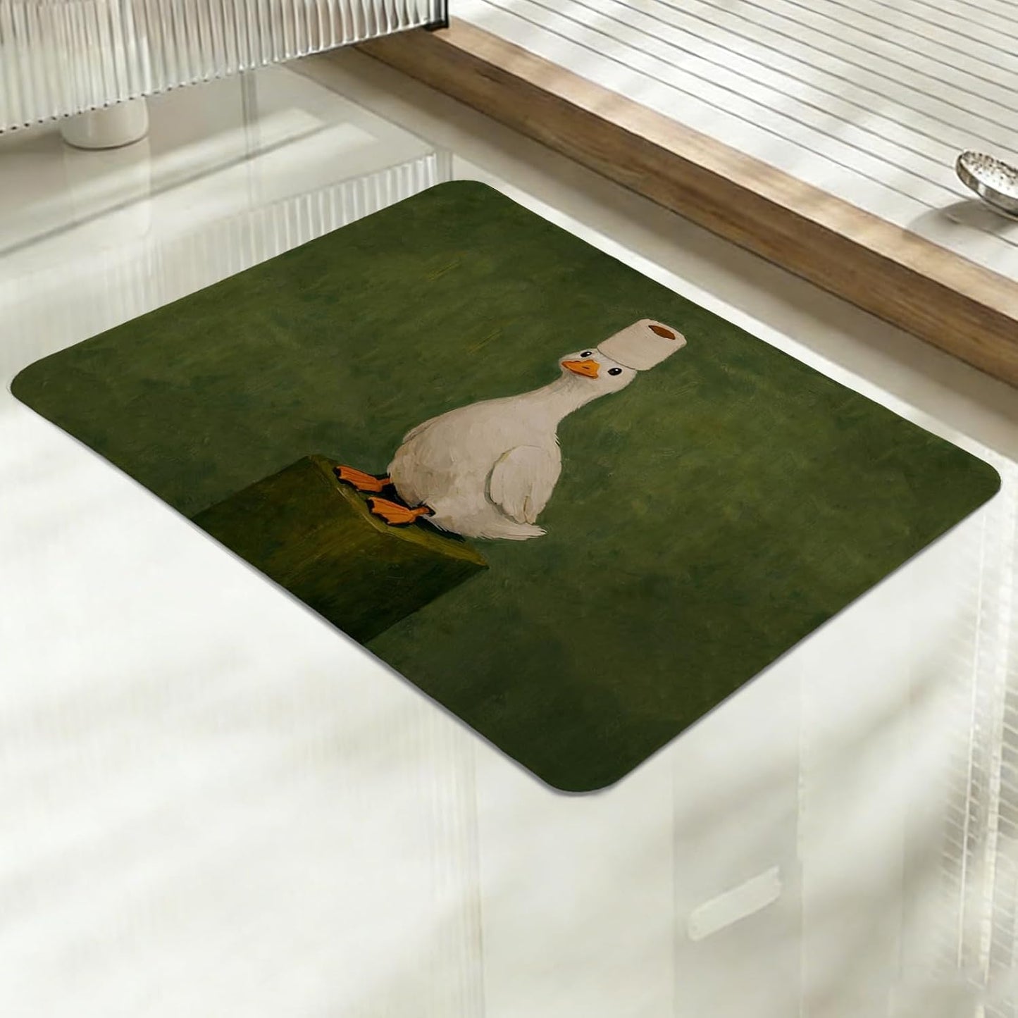 Green Funny White Duck Kitchen Mat,Playful Duck with Toilet Paper Roll Bathroom Mat,Cute Animal Decorative Mats Rug for Bathroom Dressing Table Shower Tub Kitchen Entry Door,24x16Inch