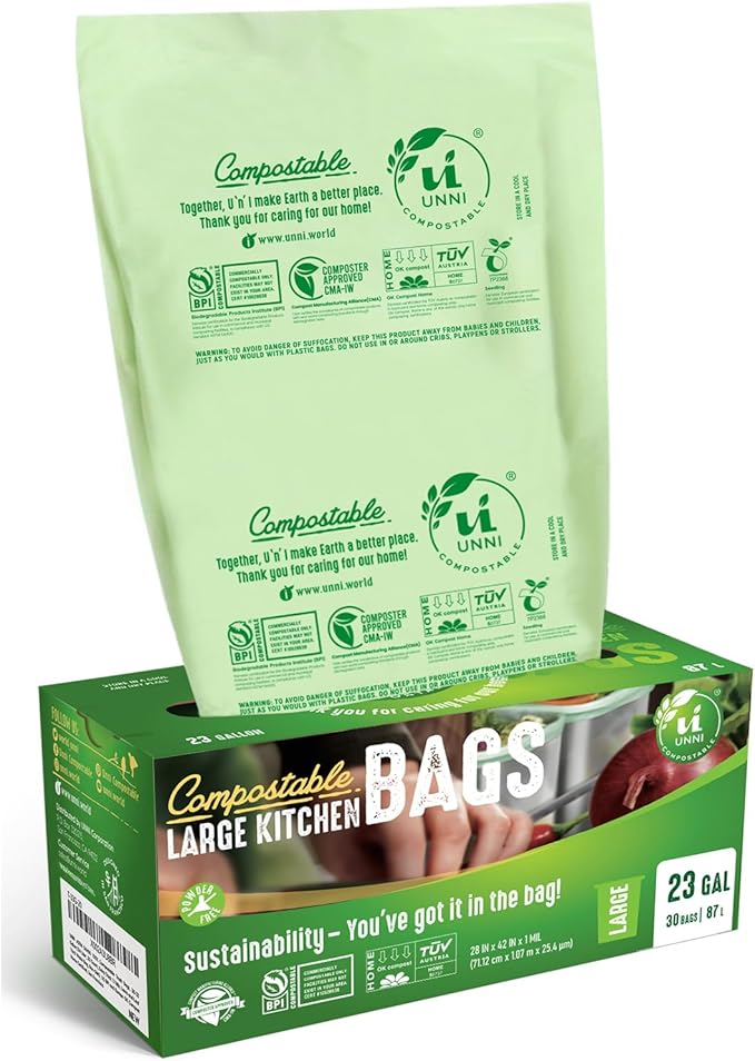 UNNI Compostable Trash Bags, 20-23 Gallon / 87 Liter, Extra Thick 1.0 mil Large by UNNI