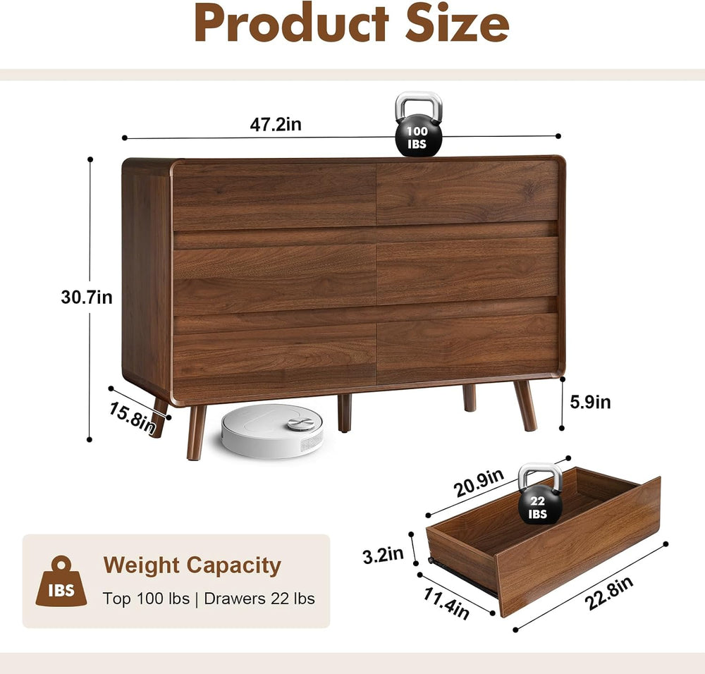 Nasonet 6 Drawer Dresser for Bedroom, 47'' Wide Mid Century Modern Dr...