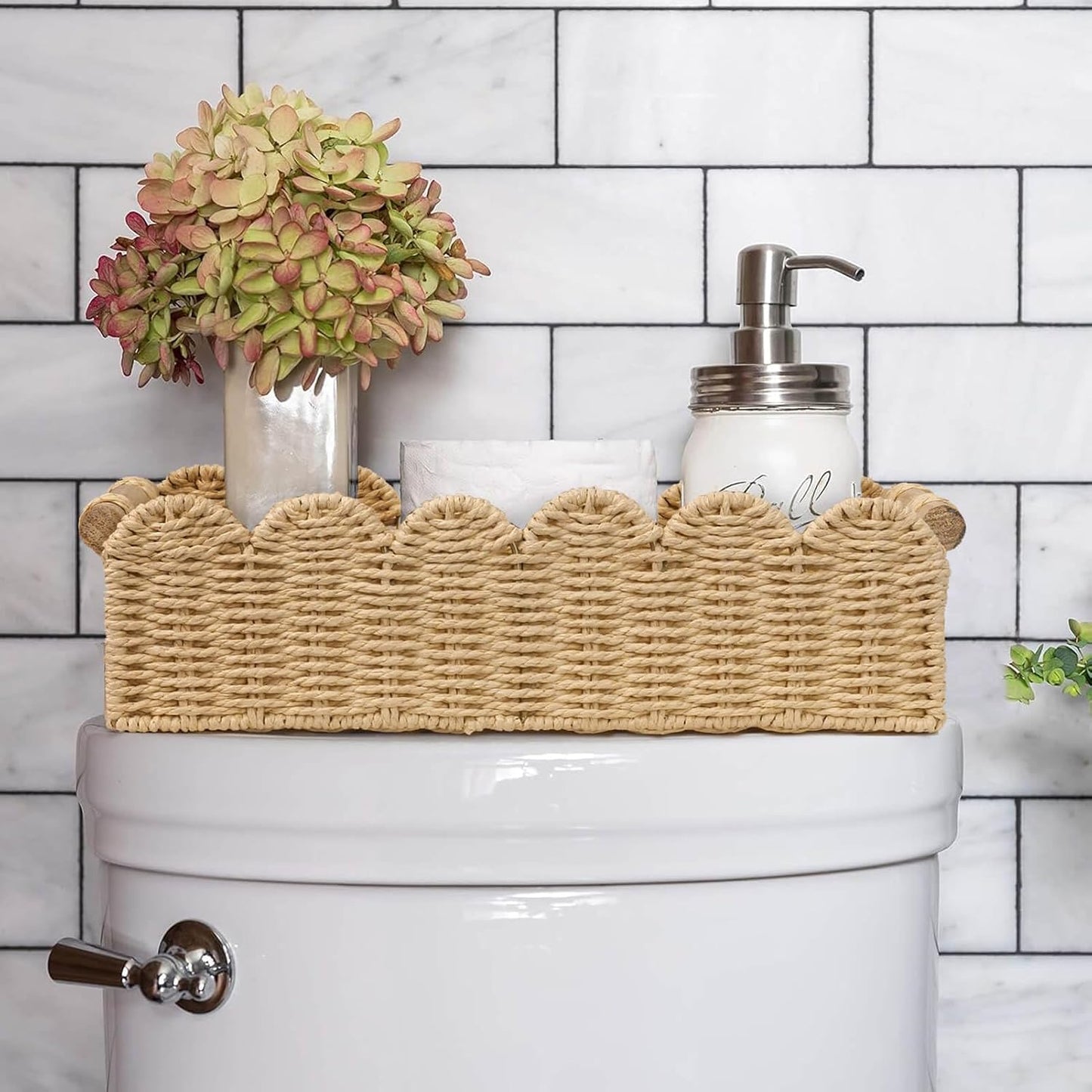 CubesLand Scalloped Toilet Paper Storage Basket for Over Toilet Shelves | Decorative Wicker Organizer Basket Perfect for Home Countertop Storage, Small Basket, Living Room Shelf Decor, Beige
