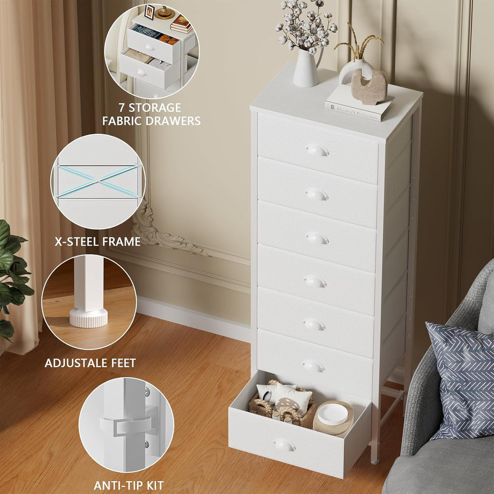 Furnulem White Tall Dresser for Bedroom, Chest of Drawer with Fabric Drawer