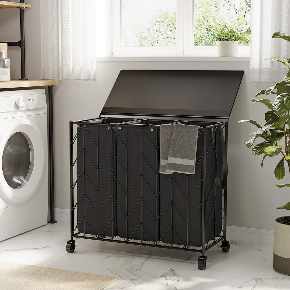 WOWLIVE Laundry Hamper 3 Section with Lid, 142L Laundry Basket with Wheels