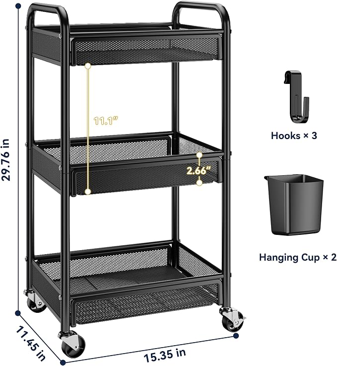 YASONIC 3 Tier Rolling Cart – Metal Utility Storage Cart - Image 6