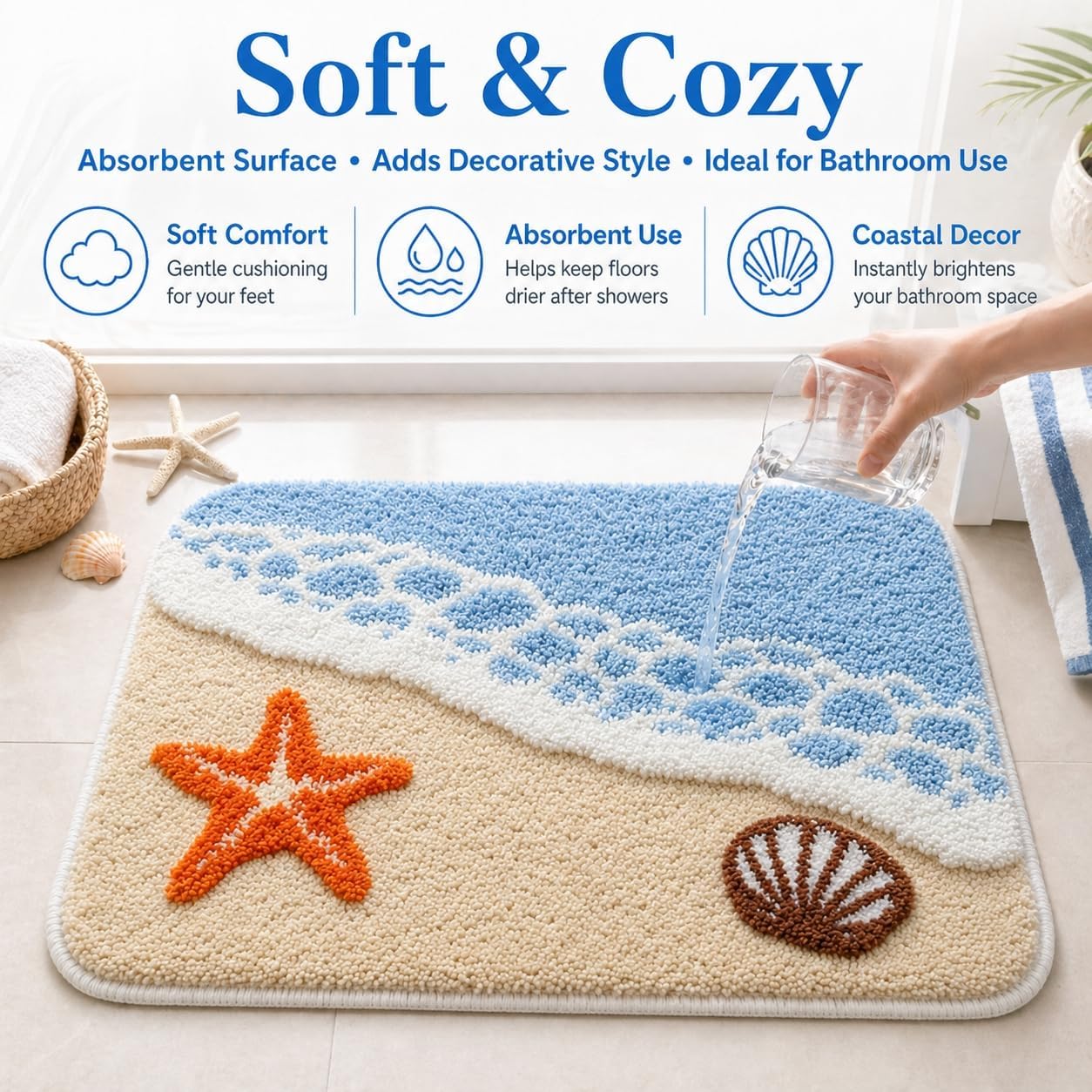 Beach Bathroom Rug 20 x 32 Inch, Coastal Ocean Wave Bath Mat with Starfish and Seashell Design, Soft Absorbent Plush Rug with Textured Backing for Tub, Shower, Sink, Vanity Floor Decor