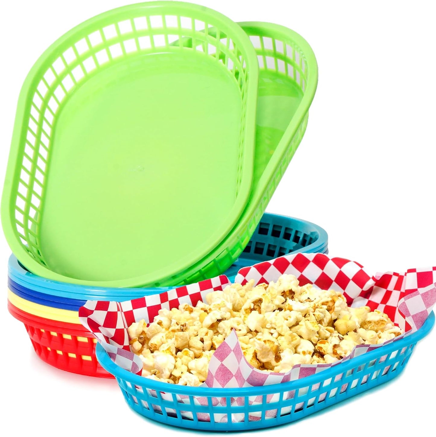 Youngever 10 Pack 11 Inch Large Plastic Fast Food Snack Baskets, Reusable for Popcorn, Chips, Snacks - 5 Assorted Colors (Rectangular Shape)