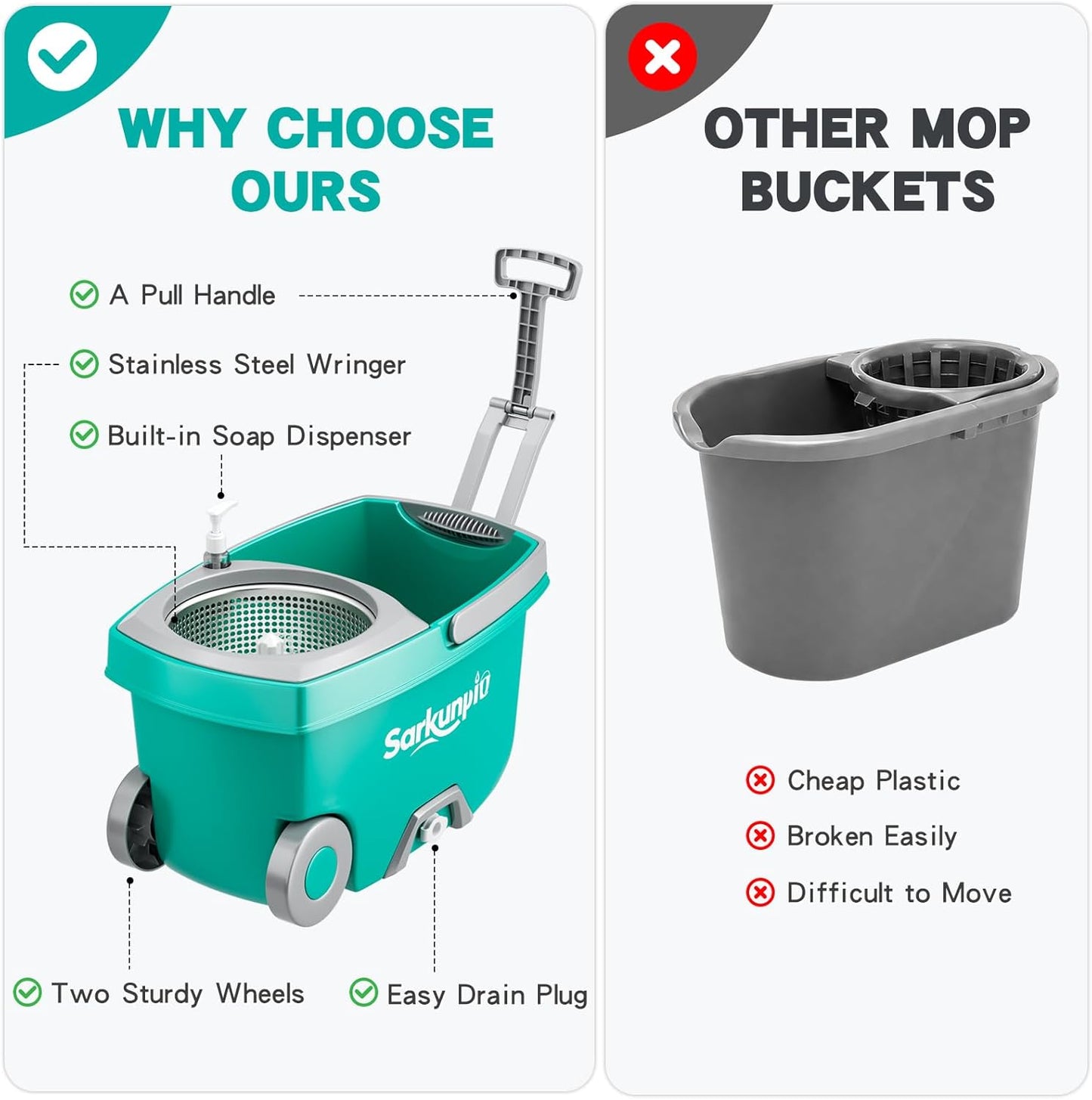 Mop and Bucket Set with Wringer, Spin Mop Floor Cleaning System with 6 Replacement Microfiber Heads & 61" Extra-Long Handle for Home Floor, Blue