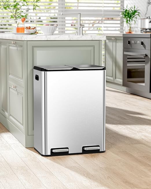 16 Gal Dual Trash Can, Stainless Steel Kitchen Garbage Bin, Recycle Dustbin - Image 7
