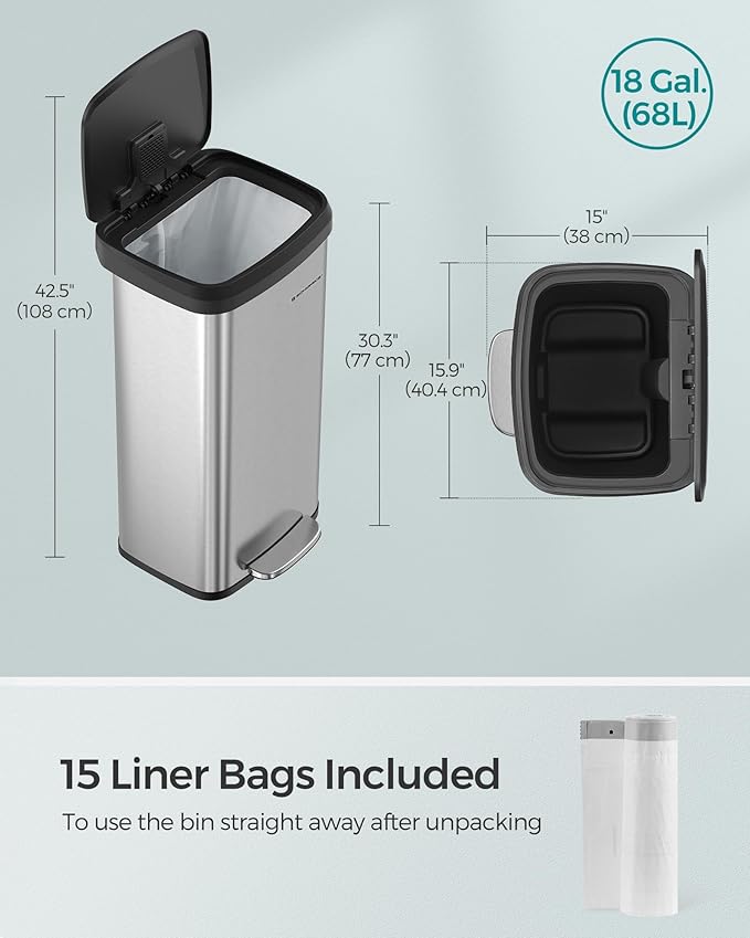 SONGMICS Kitchen Trash Can, 18-Gallon Stainless Steel Garbage Can, - Image 4