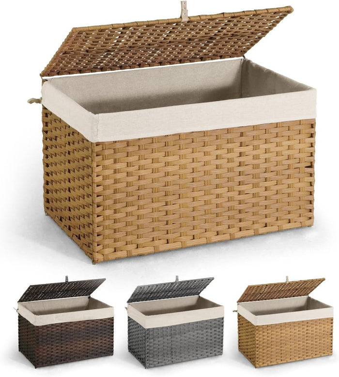 CAPHAUS Handwoven Synthetic Rattan Storage Basket w/Lid, Foldable Clothes Basket with Handles, 2 Removable Liner Bags for Laundry, Large Laundry Basket w/Lid, Laundry Basket w/Lid, 160L, Natural
