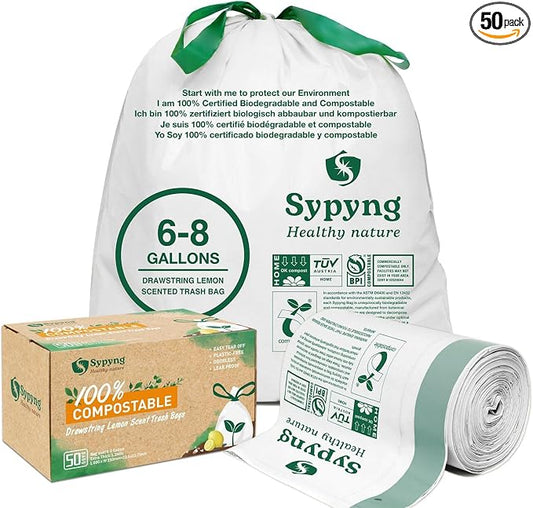 Compostable Trash Bags 6-8 Gallon – Heavy Duty, 1.1 Mil Thick, 100% by Sypyng