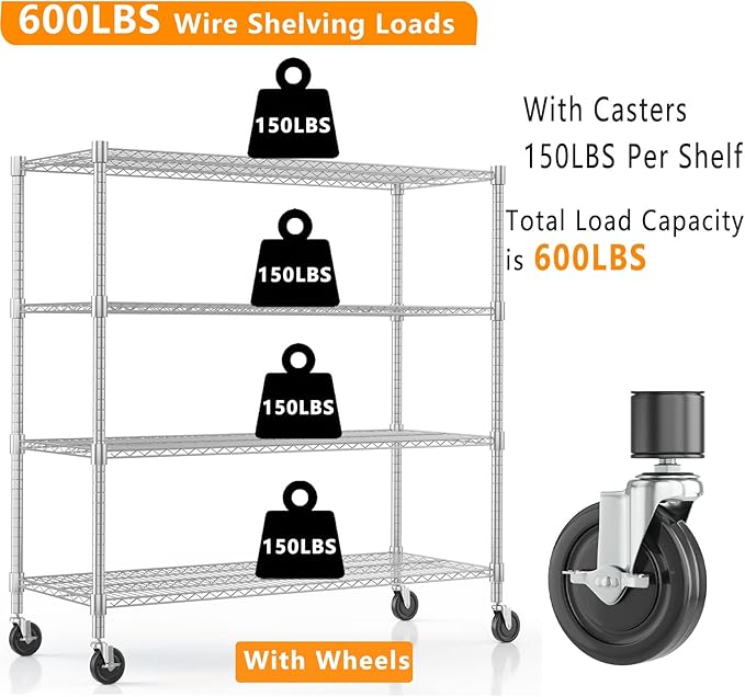 Himimi 72" H Storage Shelves 4 Tier Metal Shelving Adjustable Wire Shelf