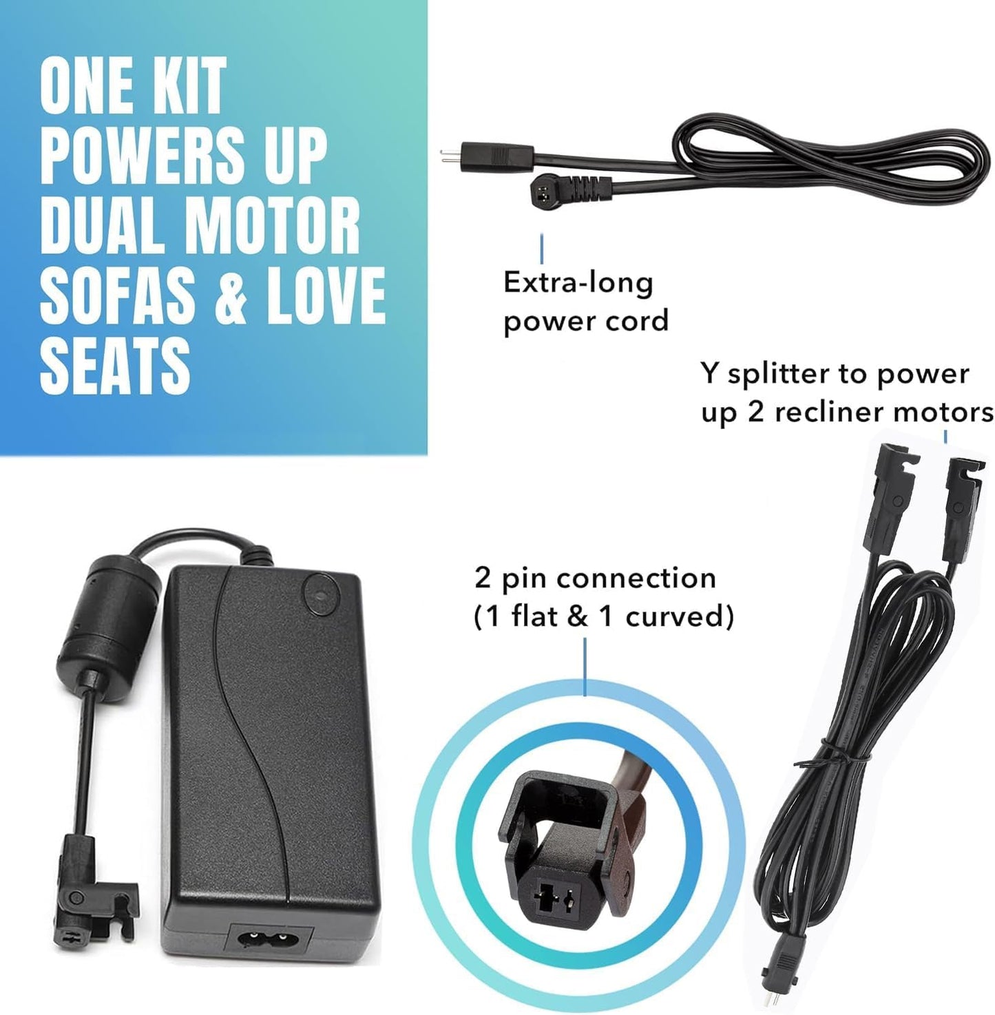 Universal Dual Motor Power Supply Transformer with AC Power Cord, L Shape DC Extension Cable and Y Splitter Cord,29V 2A Recliner Power Supply Kit-4-Piece for Recliner, Lift Chairs and Sofa