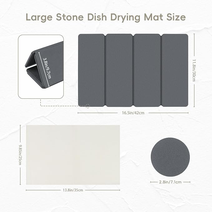 Small Stone Dish Drying Mat for Kitchen Counter, HQAUT 16"×12" Collapsible - Image 2