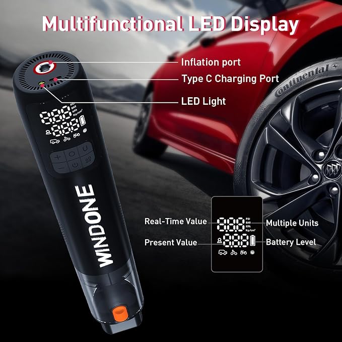 Windone Car Vacuum, 12000Pa 2-in-1 Cleaner & Tire Inflator 150PSI, 60W - Image 8