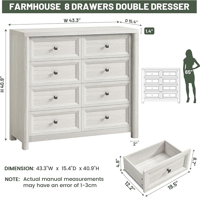 41" Tall White Dresser, Farmhouse 8 Drawers Dressers - Image 2