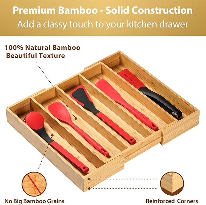 Umilife Expandable Kitchen Drawer Organizer, 2.5" High Bamboo Utensils - Image 3