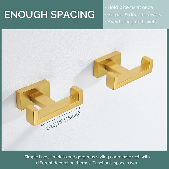 Angle Simple Double Towel Hook Brushed Gold 2 PCS, SUS304 Stainless Steel - Image 6