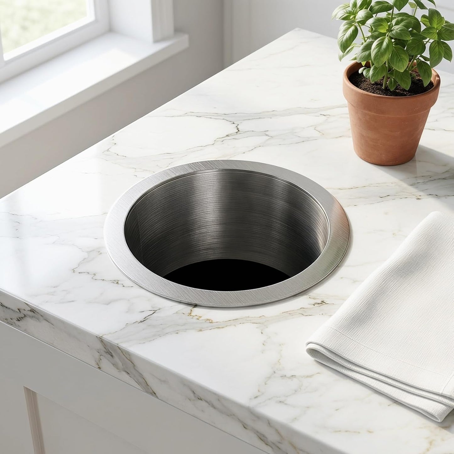 OUNONA 2-Pack 6 Inch Round Countertop Trash Ring Recessed Garbage Lid Stainless Steel Drop-in Trash Bin Cover for Desktop Countertop Kitchen Office Workspace Organization