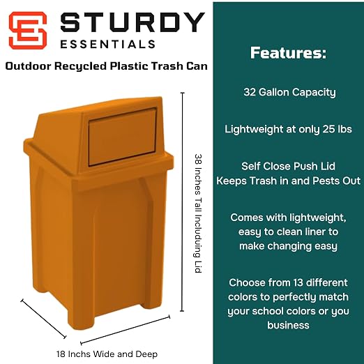 32 Gallon Square 100% Recycled Plastic Heavy Duty Outdoor Trash Can - Image 2
