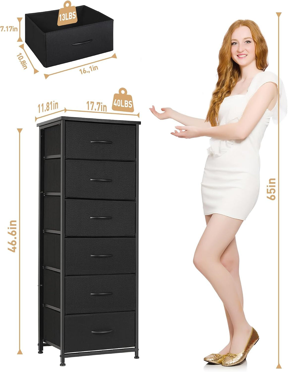 Mifuro Tall Dresser for Bedroom with 6 Drawers, Vertical Storage Organizer To...