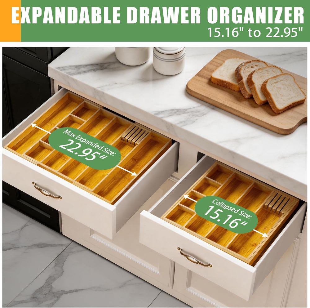 Bamboo Expandable Drawer Organizer, 15"-22" Storage Tray