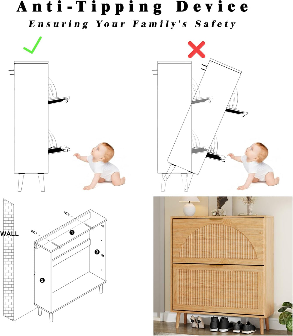 Shoe Storage Cabinet with 2 Flip Drawers, Narrow Wood Shoe Organizer Cabinet ...