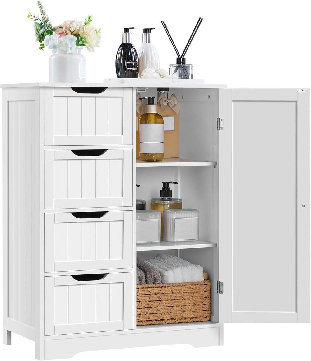 Yaheetech Bathroom Storage Cabinet with 4 Beadboard Drawers and Door, White