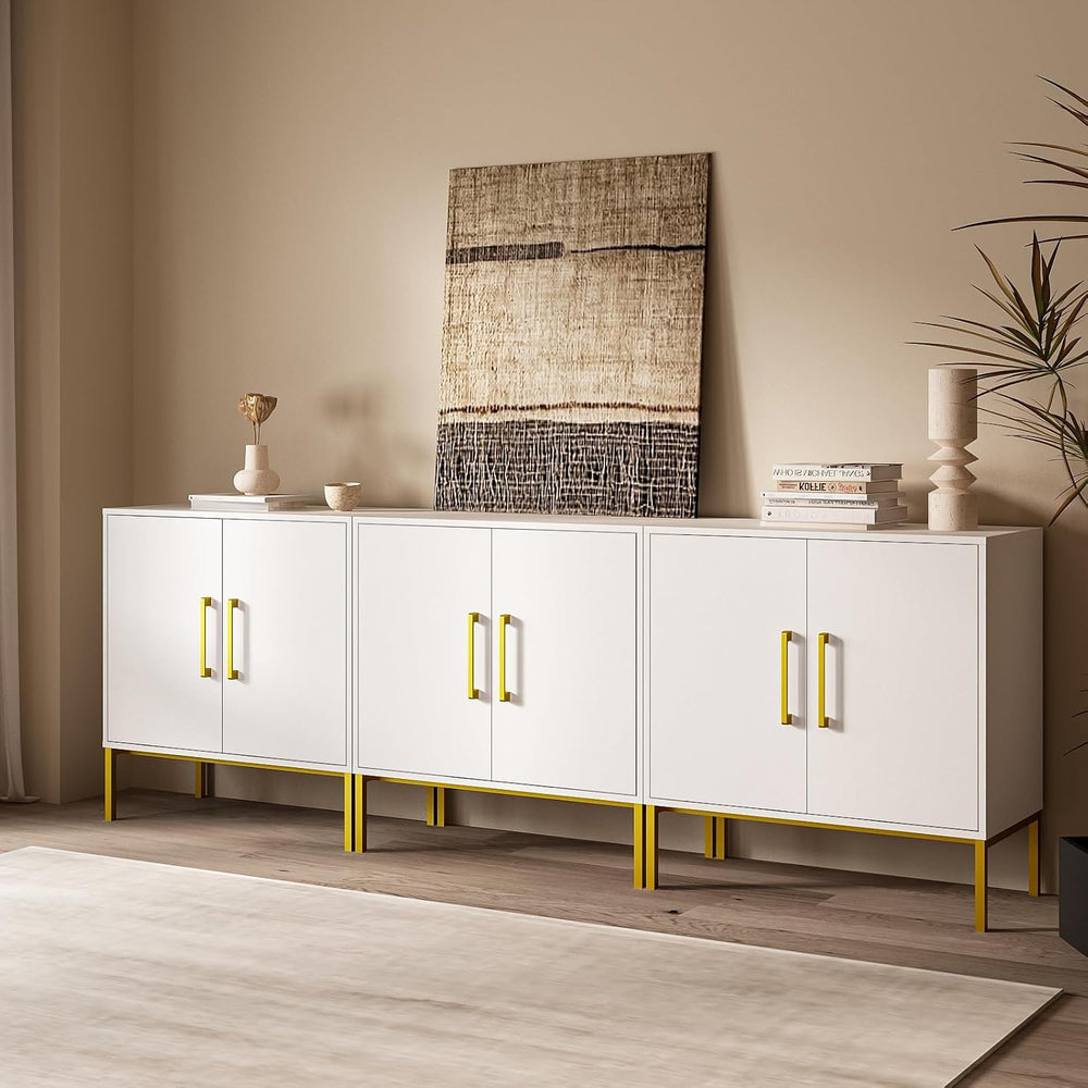 3 Set of Storage Buffet Cabinet with Gold Handles and Metal Legs, White丨Frees...