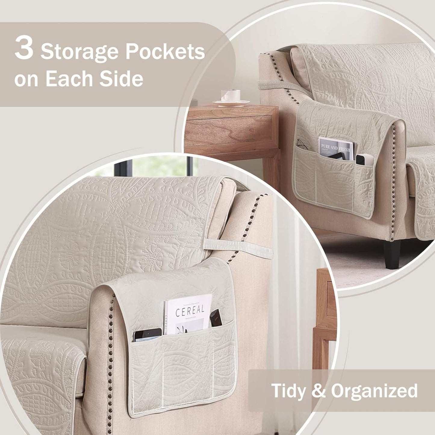 Beige Quilted Recliner Chair Covers, Water-Repellent Recliner Slipcovers, Lazy Boy Chair Covers, Pet Friendly Recliner Covers for Dog, Washable Armchair Protector (Recliner 22", Beige Cream)