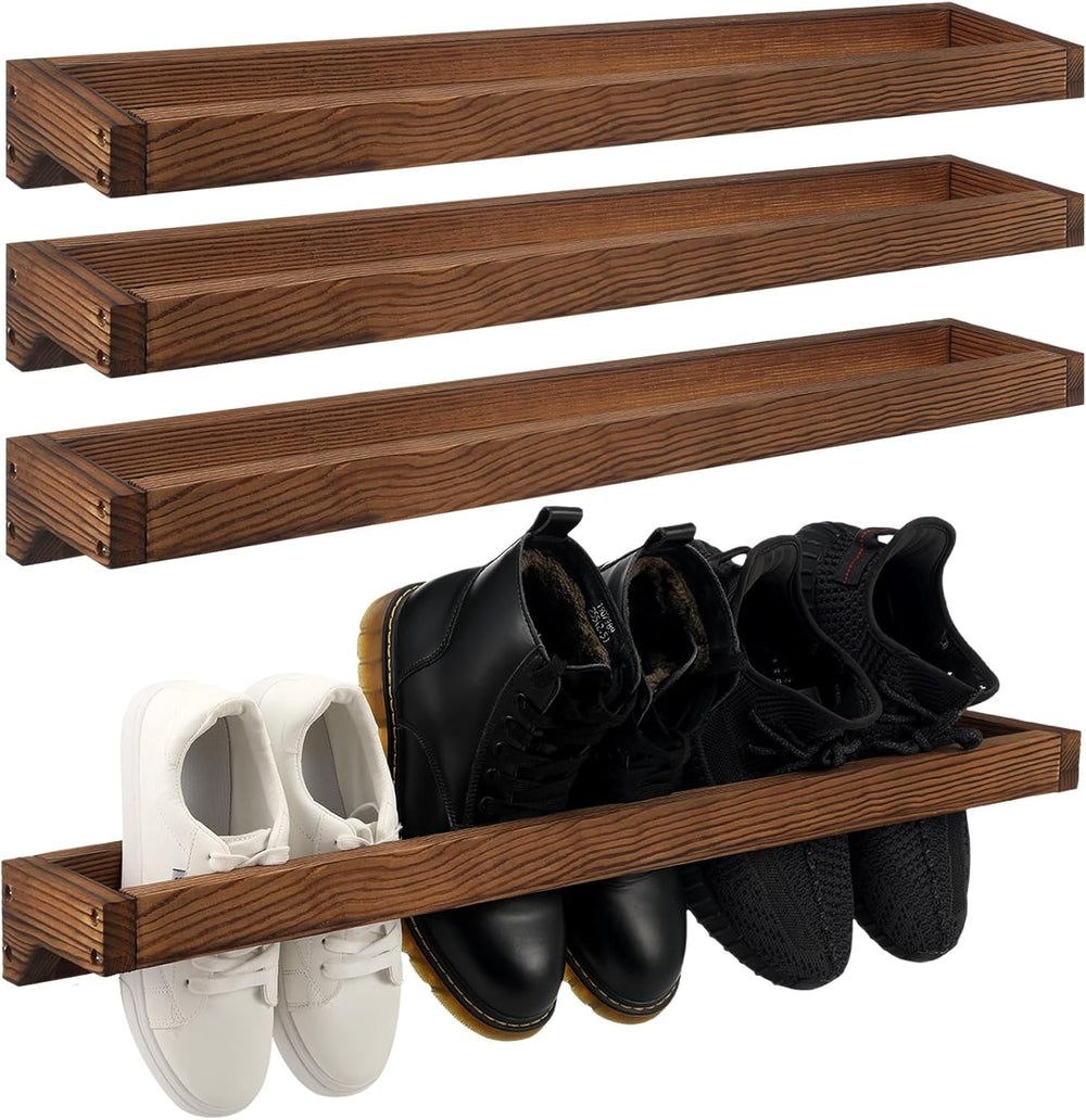 Wenqik 4 Pcs Wall Mounted Wooden Shoe Rack Wood Wall Hanging, Burnt Wood