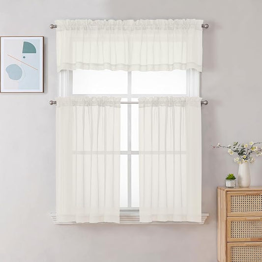 Chyhomenyc Ivory Sheer Curtains 30 inch Length 2 Panels, Light Filtering Voile - Image 2