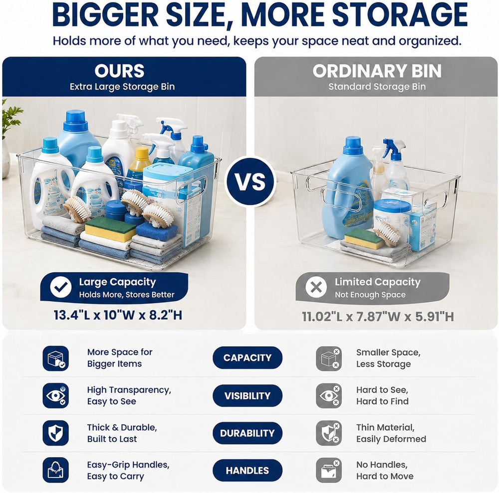 MOONEDGE 6 Pack X-Large Clear Organizer Bins 13x10x8in Storage Containers