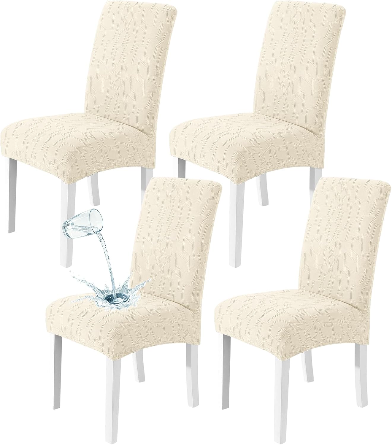 ZNSAYOTX 100% Waterproof Dining Chair Covers Set of 4, Stretch Fit Parson Chair Slipcovers for Kitchen/Living Room/Restaurant/Banquet Chairs, Soft Plaid Jacquard Washable Protector (Beige)