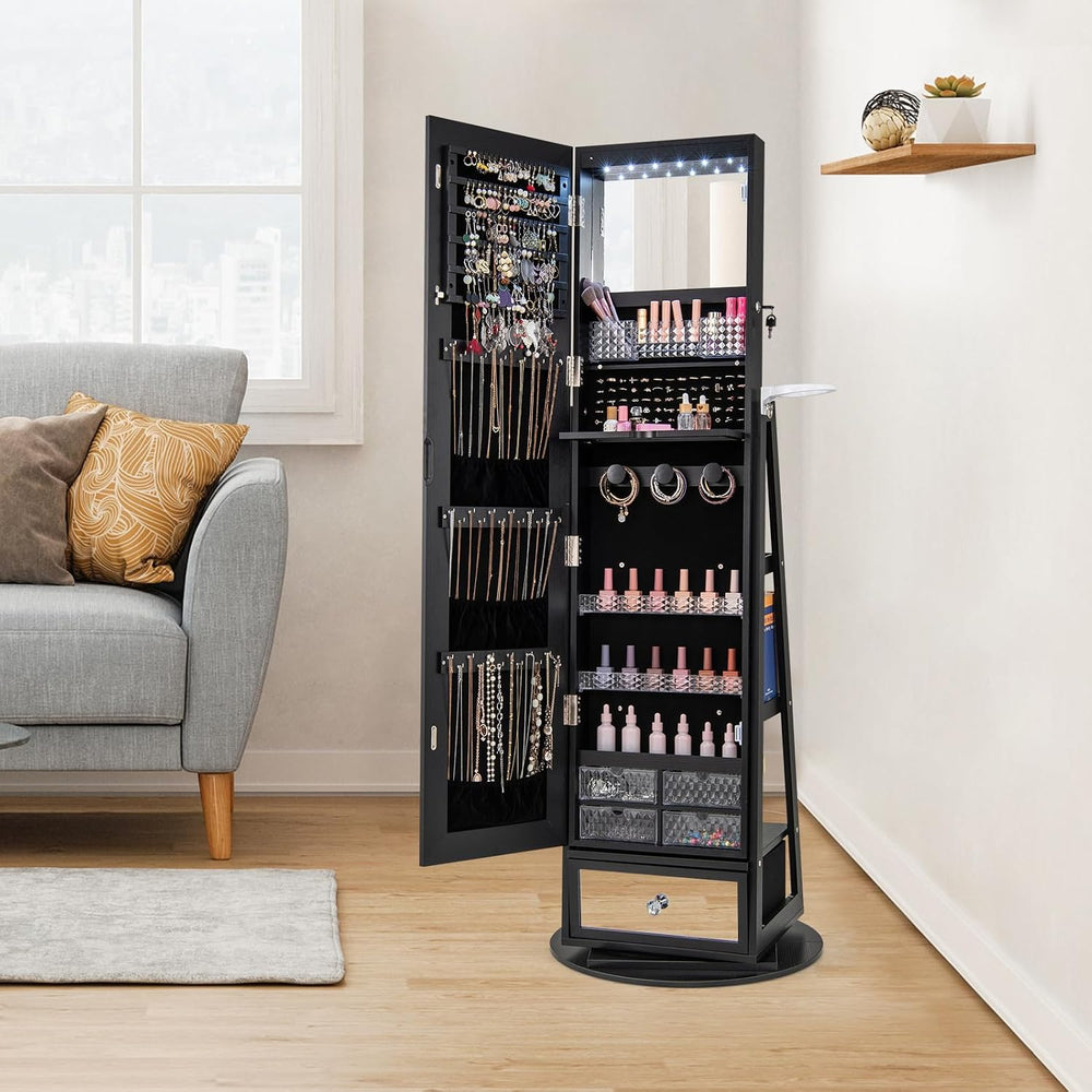 GOFLAME 360 Rotating Jewelry Cabinet with Full Length Mirror, Standing LED Je...