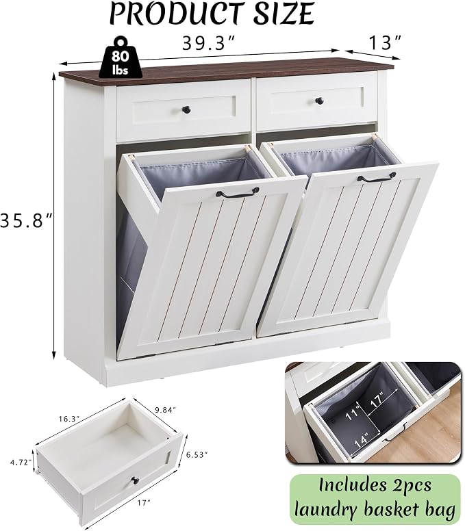 Double Tilt Out Laundry Hamper Cabinet, 20 Gallon Farmhouse Trash Can Cabinet - Image 2