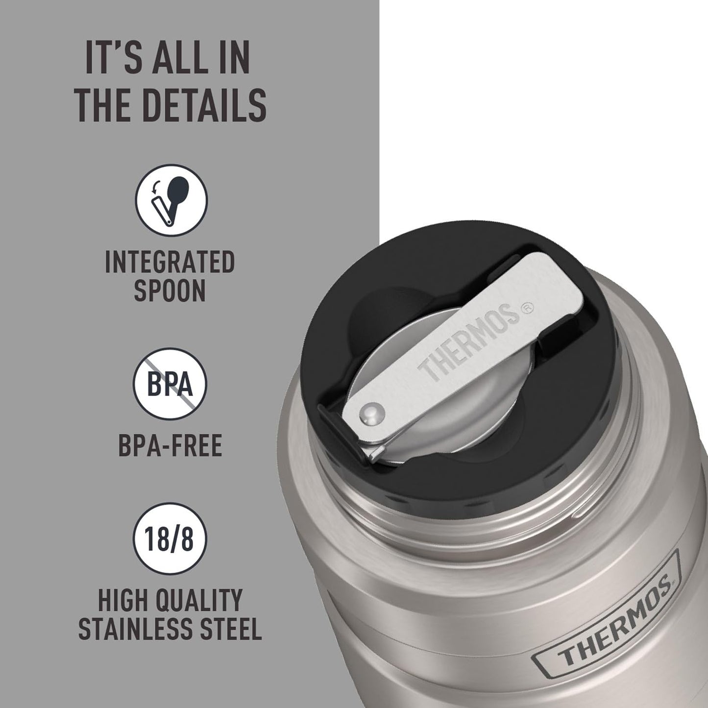 THERMOS Stainless King Food Jar with Spoon, 16oz, Matte Steel | Stainless Steel Insulated Food Container with Built-In Bowl, Keeps Food Hot or Cold Longer for Work & Travel